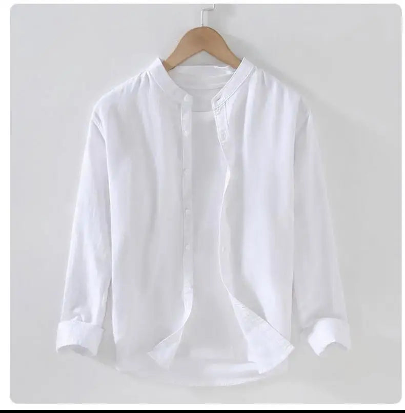 Men's linen long sleeve shirt by Jelieora Venture, lightweight fabric, button-up front, and classic collar on a plain background