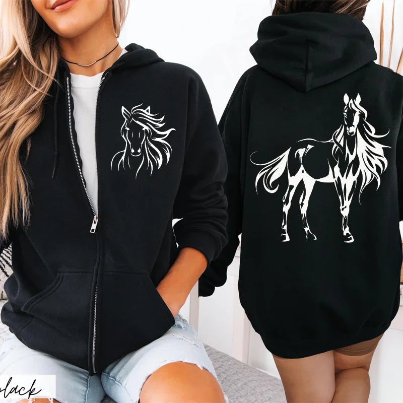 Women's horse print hoodie by Jelieora Venture featuring a detailed horse design on soft, comfortable fabric.