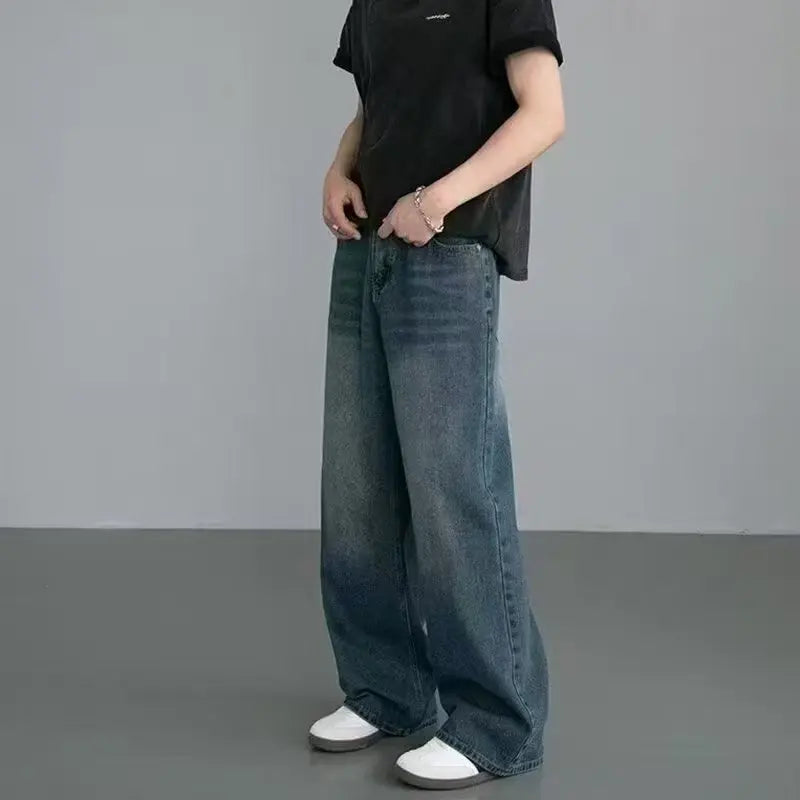 Men's Korean straight leg wide-leg jeans by Jelieora Venture, showcasing classic denim with a relaxed fit and stylish design.