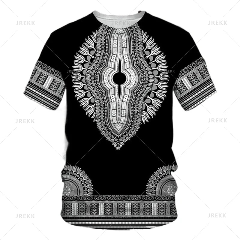 Men's African print T-shirt by Jelieora Venture featuring vibrant traditional patterns and bold colors.