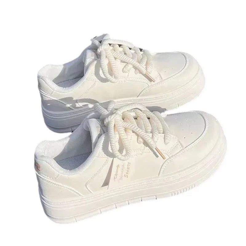 Women's White Leather Flat Casual Shoes | Breathable Lace-Up Vulcanised Sole