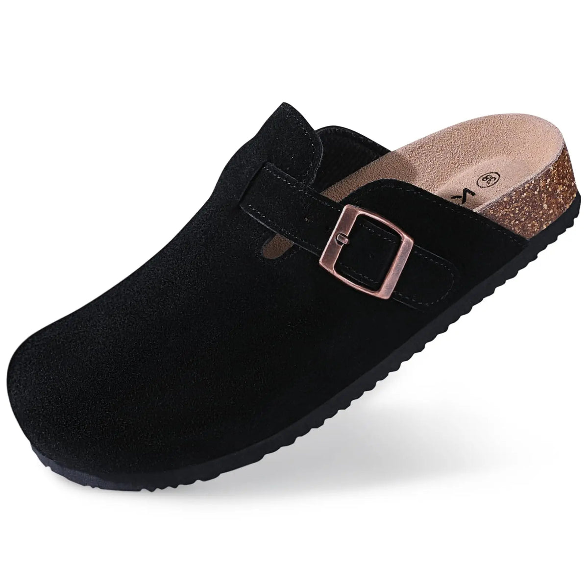 Women's suede mule clogs with cork soles and adjustable buckle from Jelieora Venture, stylish and comfortable footwear.