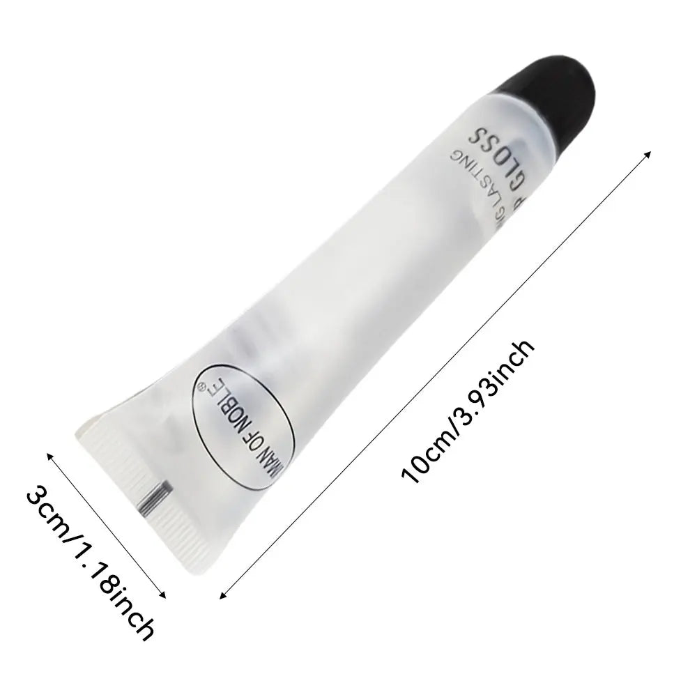 Shiny glossy lip gloss by Jelieora Venture in a clear tube, showing smooth, reflective finish on a natural lip model.