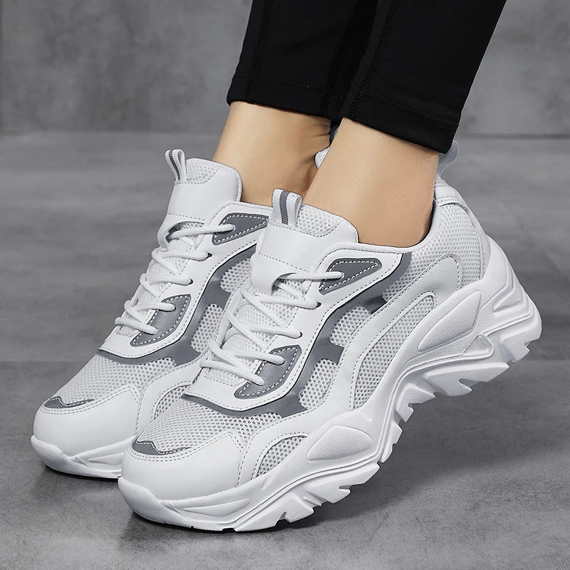 Women's vulcanised platform chunky sneakers by Jelieora Venture featuring black rubber soles and stylish urban footwear design.