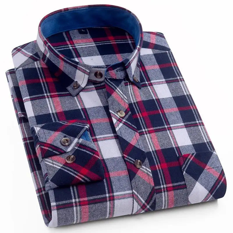 Men's plaid flannel shirt by Jelieora Venture featuring a classic 100% cotton cotton fabric and a stylish plaid pattern.