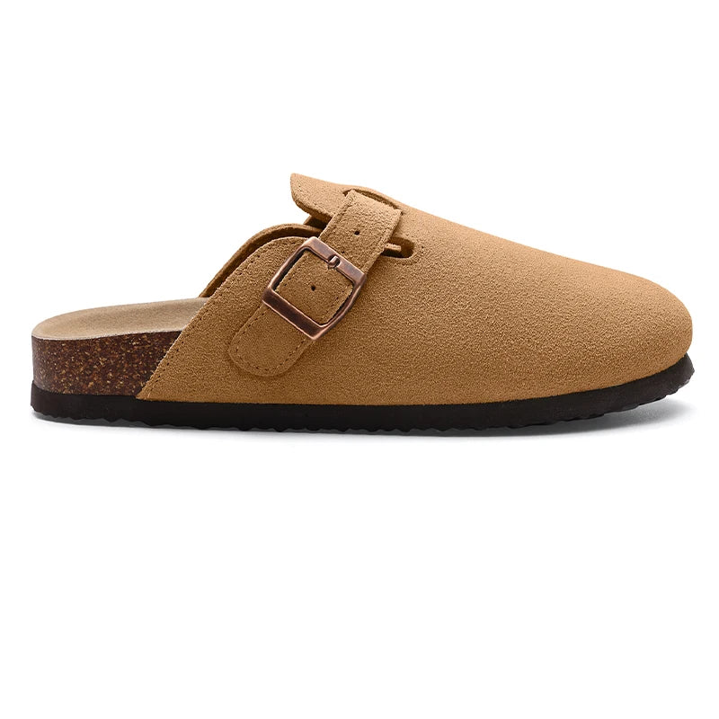 Women's cork sole suede mule clogs with adjustable buckle by Jelieora Venture, shown in natural profile with open back design.