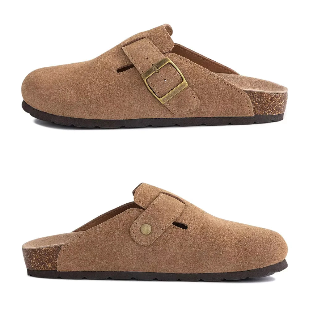 Women's suede mule clogs with cork sole and adjustable buckle, stylish footwear by Jelieora Venture.