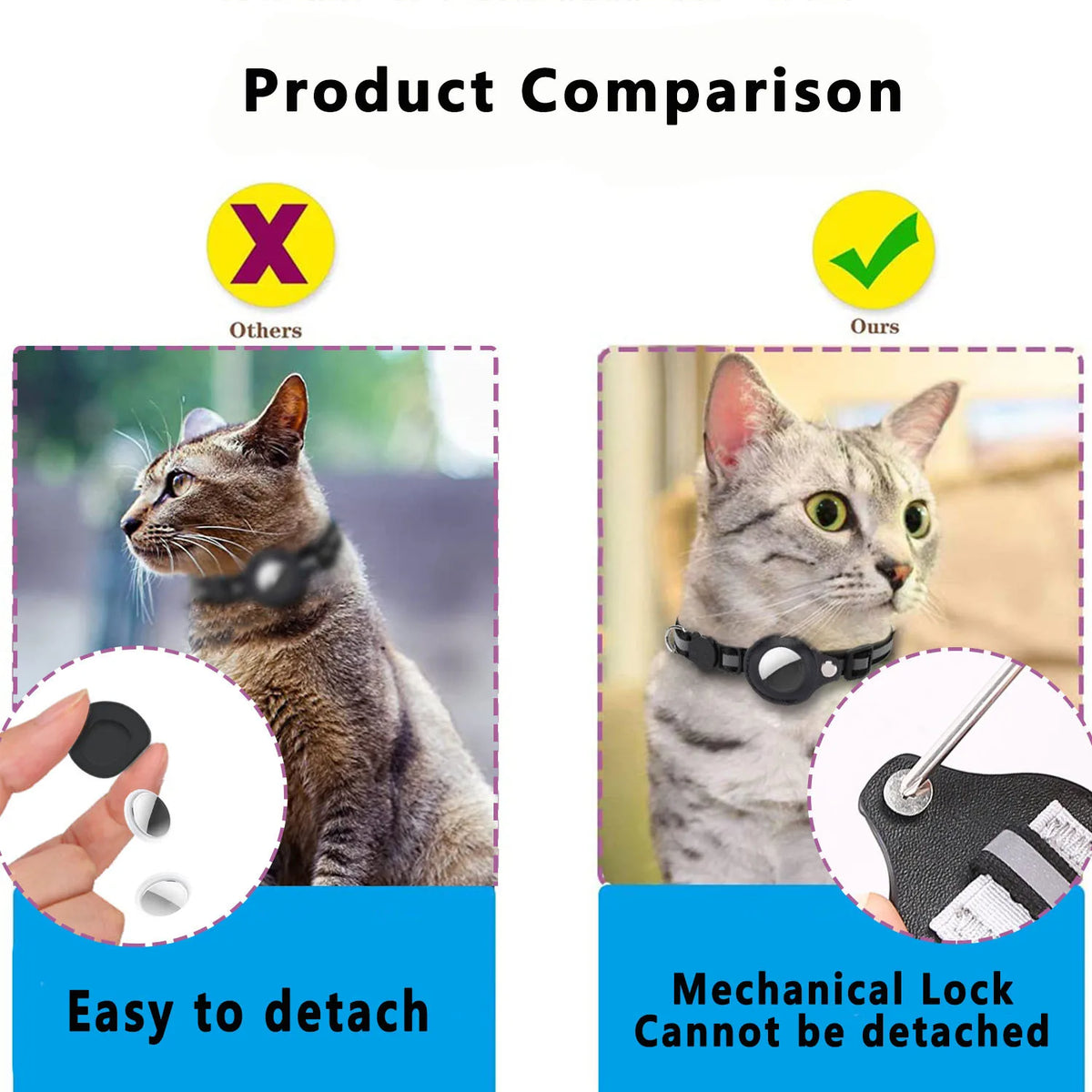 Jelieora Venture cat Airtag collar with adjustable strap and safety breakaway for secure pet identification.