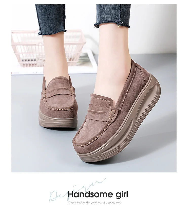 Women's cow suede platform loafers by Jelieora Venture, featuring stylish footwear with a comfortable, trendy design.