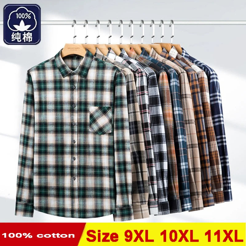 Men's cotton flannel plaid shirt by Jelieora Venture, shown in extended sizes up to 11XL, featuring a classic checkered pattern.