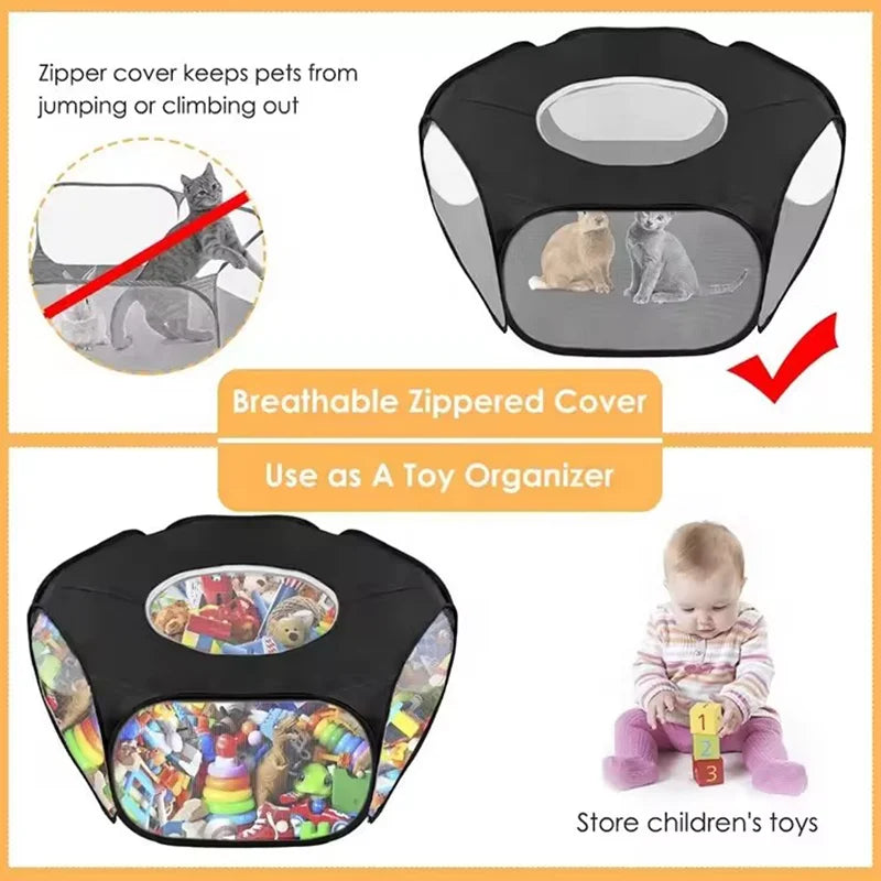 Portable transparent foldable pet playpen tent for small animals like puppies, cats, hamsters, rabbits, and guinea pigs by Jelieora Venture.