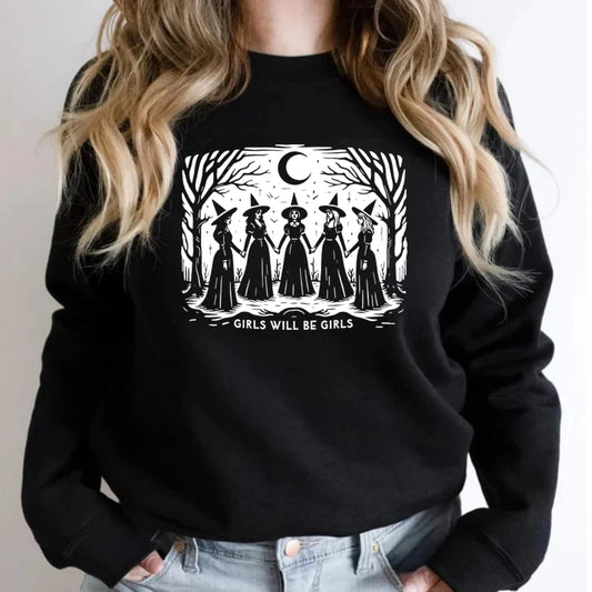 Girls Will Be Girls Witch sweatshirt by Jelieora Venture featuring a cozy black fabric with a witch graphic design.