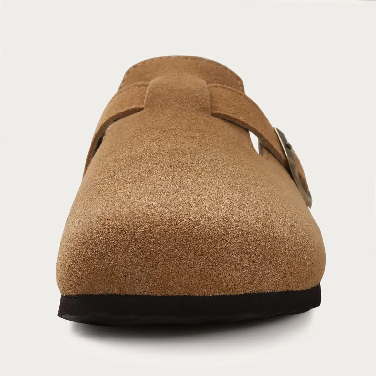 Women's suede mule clogs with cork soles and adjustable buckle by Jelieora Venture, showing the stylish slip-on footwear.