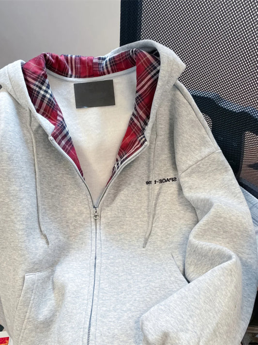Jelieora Venture retro plaid zip hoodie cardigan with front pockets and adjustable drawstrings, casual and cozy fashion piece.