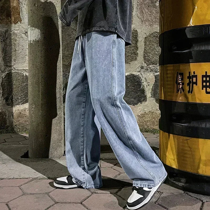 Men's wide leg streetwear jeans by Jelieora Venture featuring relaxed fit and classic denim look.
