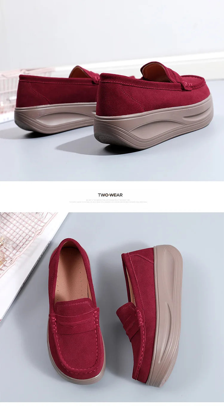 Women's cow suede platform loafers by Jelieora Venture showing a stylish, comfortable footwear design with a sleek loafers silhouette.