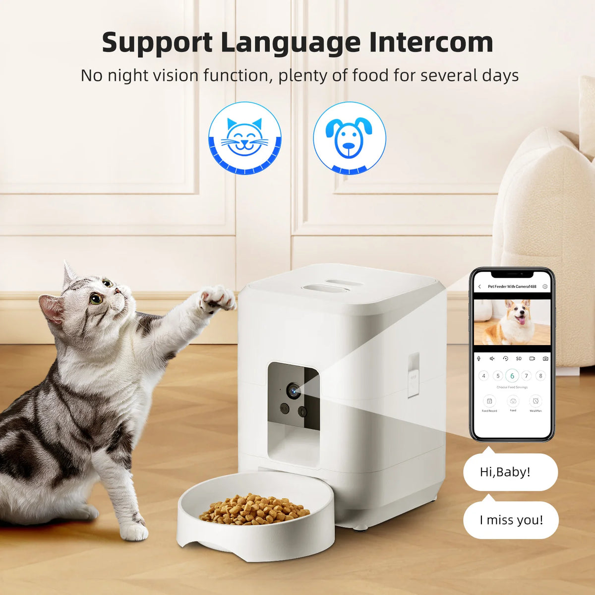 Jelieora Venture 2L automatic pet feeder with Wi-Fi, camera, and remote app control for cats and dogs, no 5V 2A plug included.