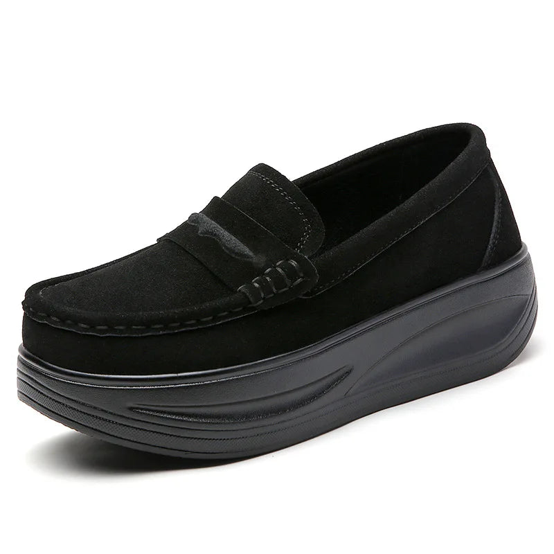 Women's cow suede platform loafers by Jelieora Venture featuring a stylish slip-on design and chunky sole.