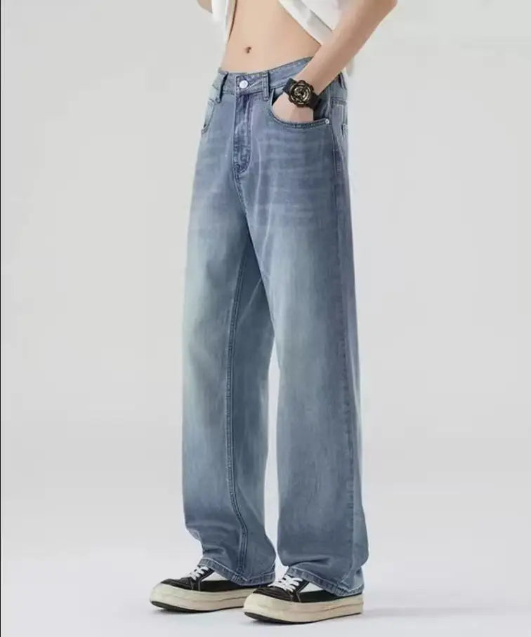 Men's Korean straight leg wide-leg jeans by Jelieora Venture, shown in dark denim with a relaxed fit and classic five-pocket style.