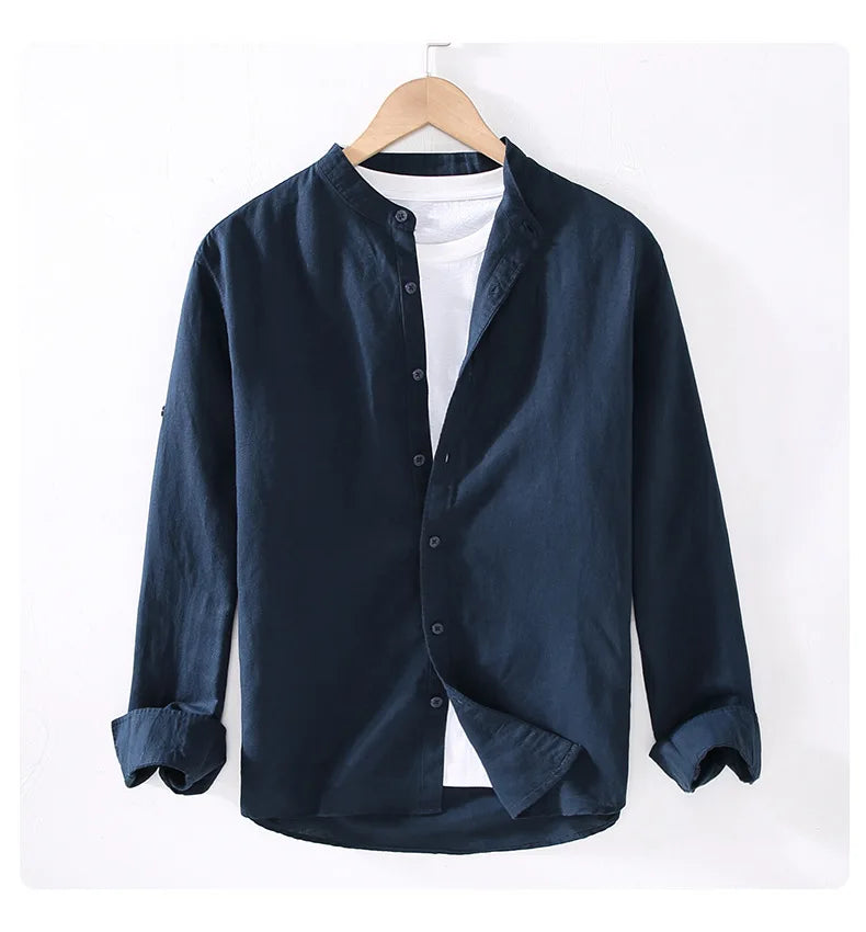 Men's linen long sleeve shirt by Jelieora Venture, shown in a relaxed fit with a button-up front and classic collar.