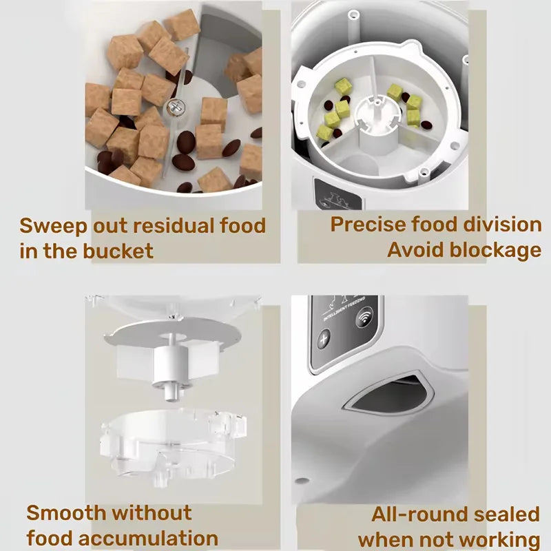 Jelieora Venture automatic pet feeder for dogs and cats with smart timer, remote control, and visible food dispenser for puppies and kittens.