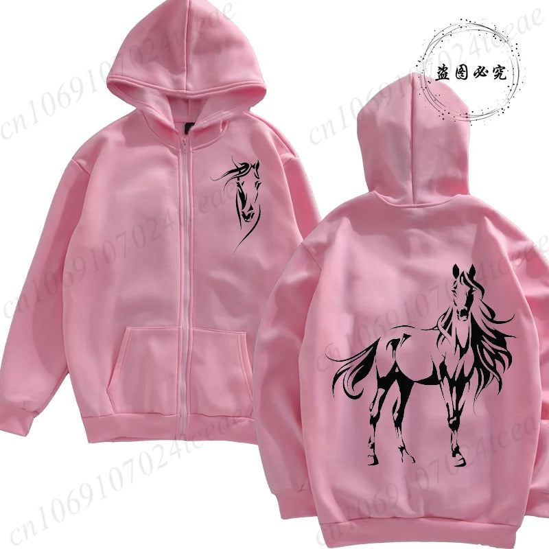 Women's horse print hoodie by Jelieora Venture featuring a colorful horse design on soft fabric.