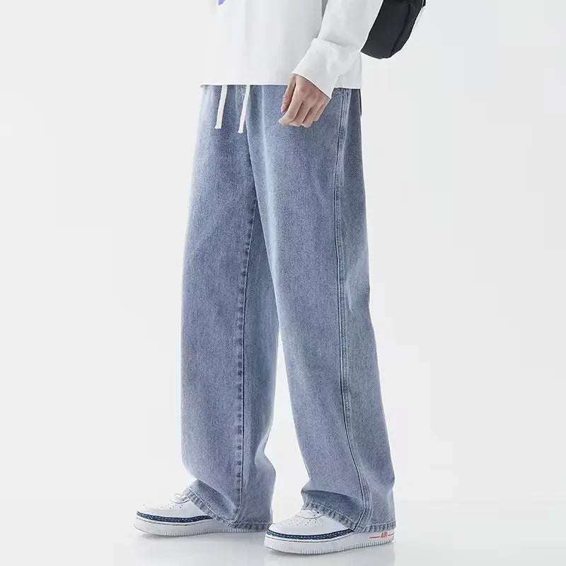 Men's Jelieora Venture Korean straight leg wide leg jeans, showing their relaxed fit and denim fabric style.
