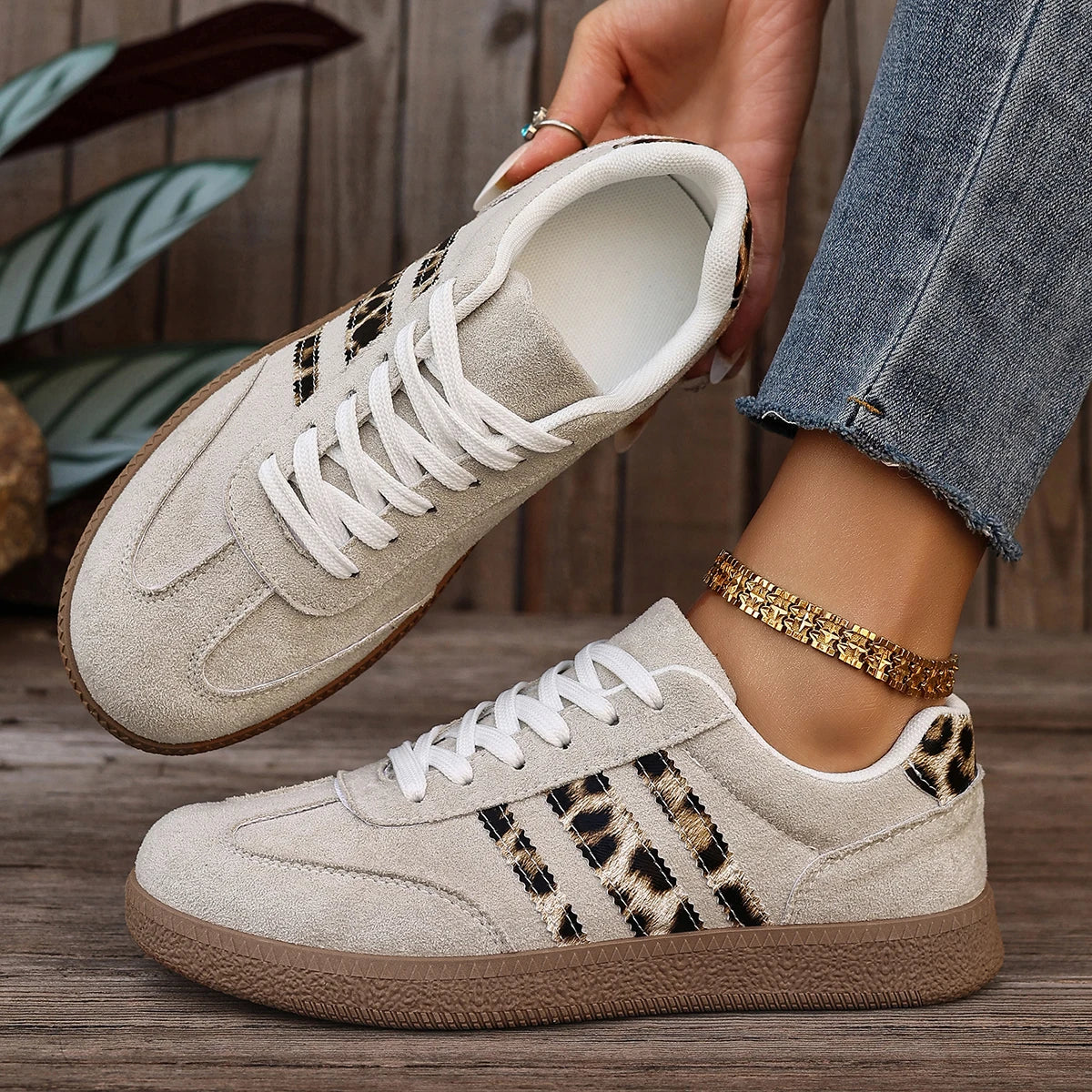 Women's Leopard Print Casual Sports Shoes | Lace-Up Anti-Slip Trainers