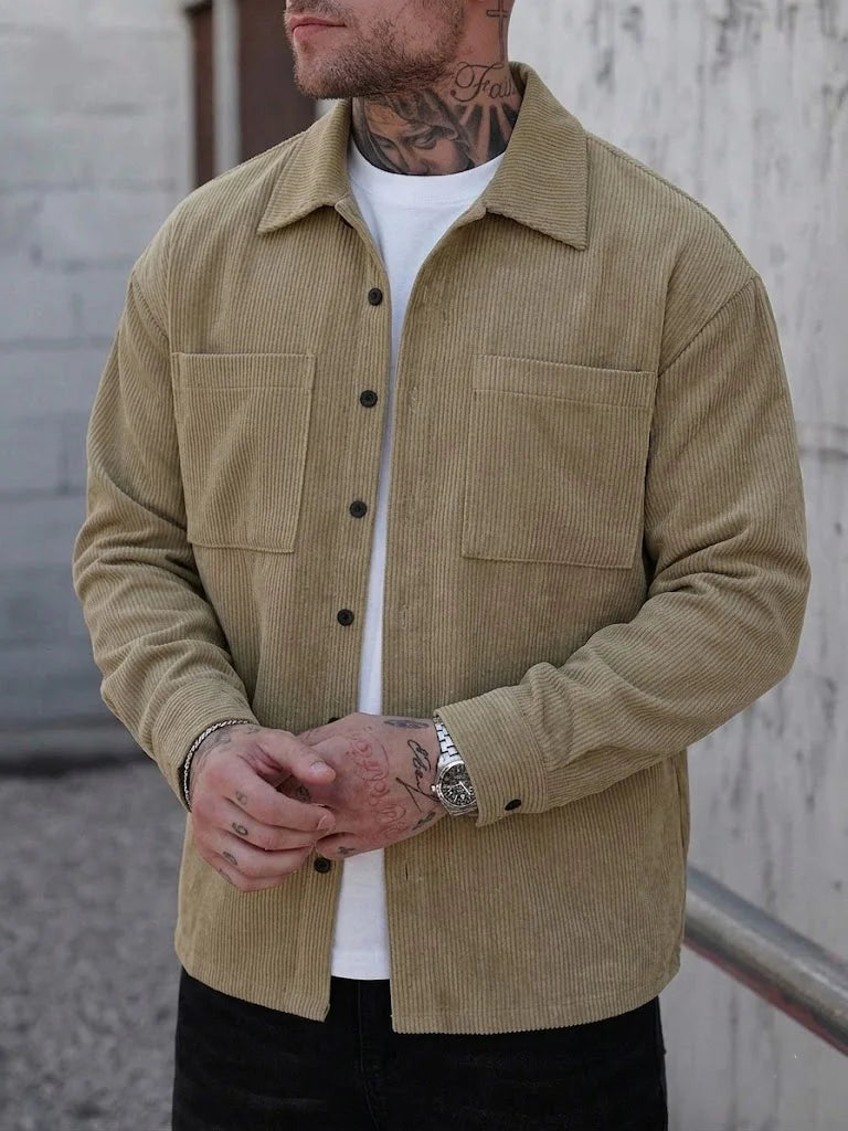 Men's Jelieora Venture corduroy shirt jacket in brown, shown with front view and button details.