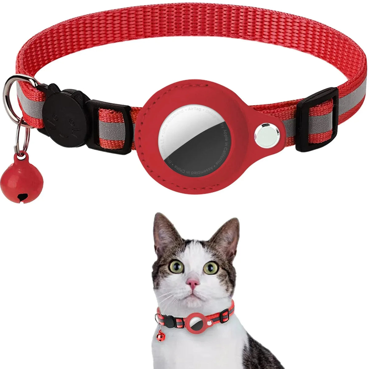 Jelieora Venture reflective nylon cat collar with bell, breakaway safety buckle, suitable for small pets and GPS tracker holder.