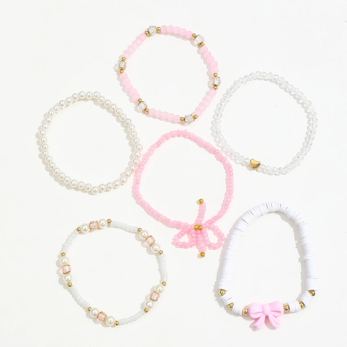 Set of 6 cute pearl love beaded bow bracelets for women, featuring simple, sweet jewelry design by Jelieora Venture.