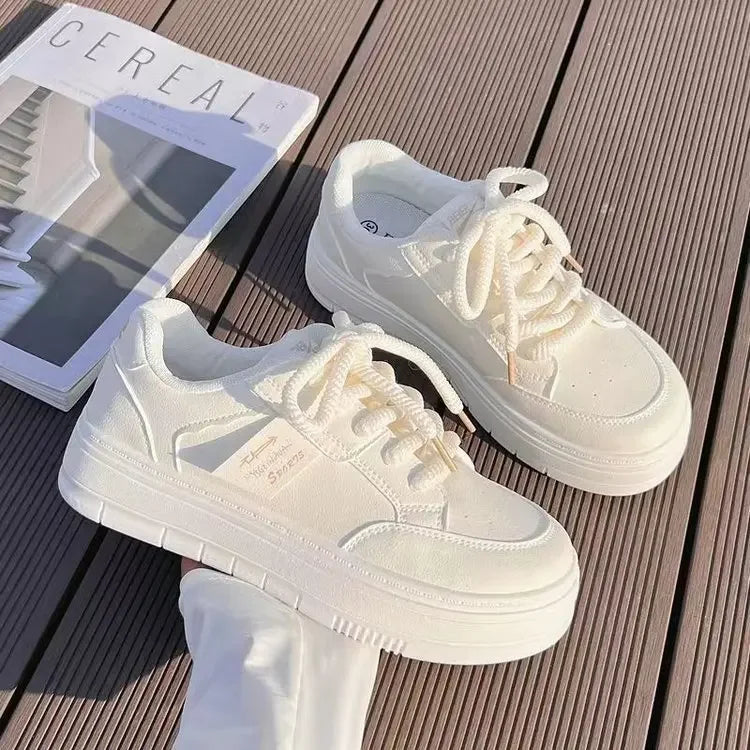 Women's White Leather Flat Casual Shoes | Breathable Lace-Up Vulcanised Sole