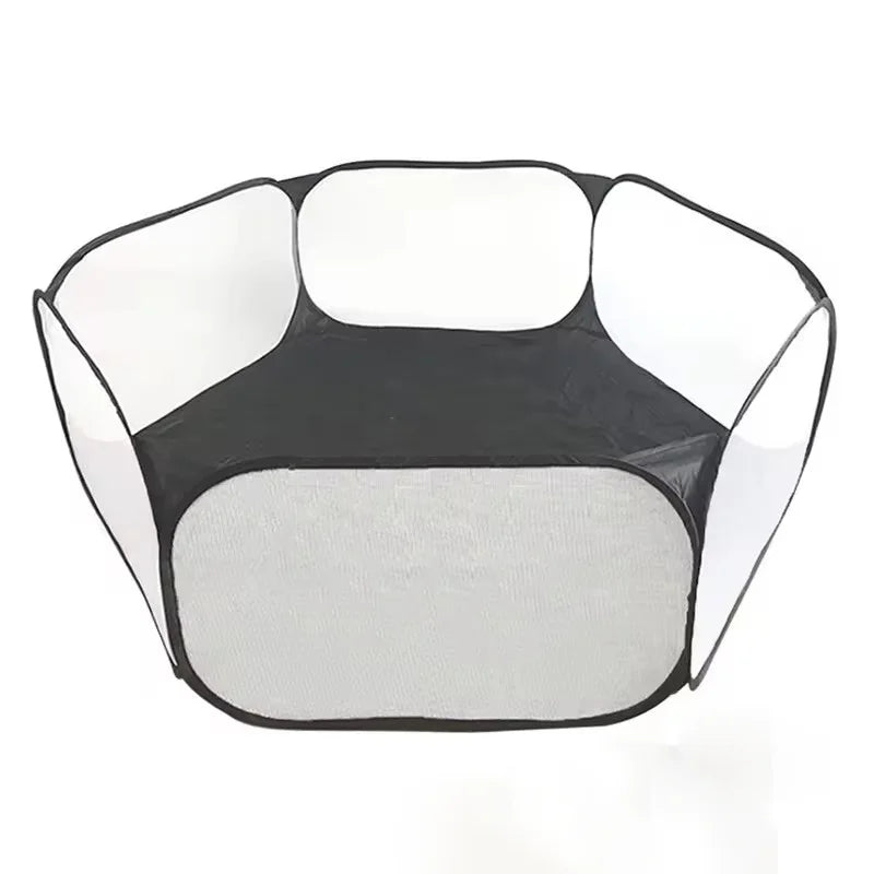 Portable transparent foldable pet playpen tent for small animals like puppies, cats, hamsters, rabbits, and guinea pigs.