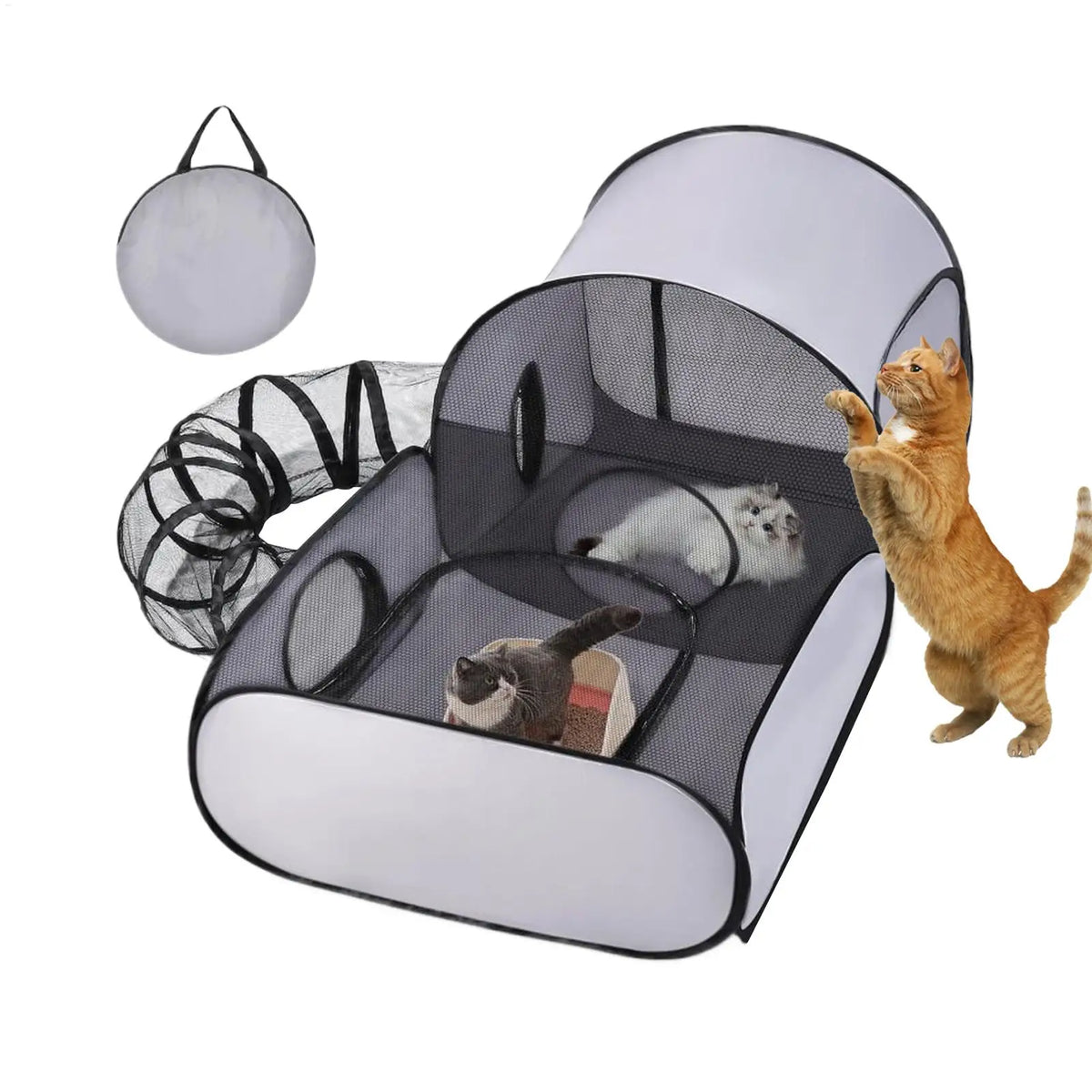 Foldable Jelieora Venture cat and dog playpen with breathable fabric, interactive toys, and tent design for kittens and puppies.