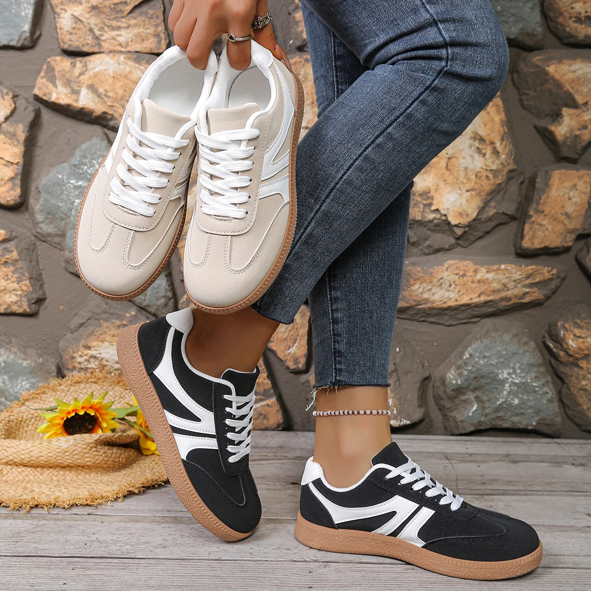 Women's Casual Lace-Up Sneakers | Round Toe Comfortable Walking Trainers