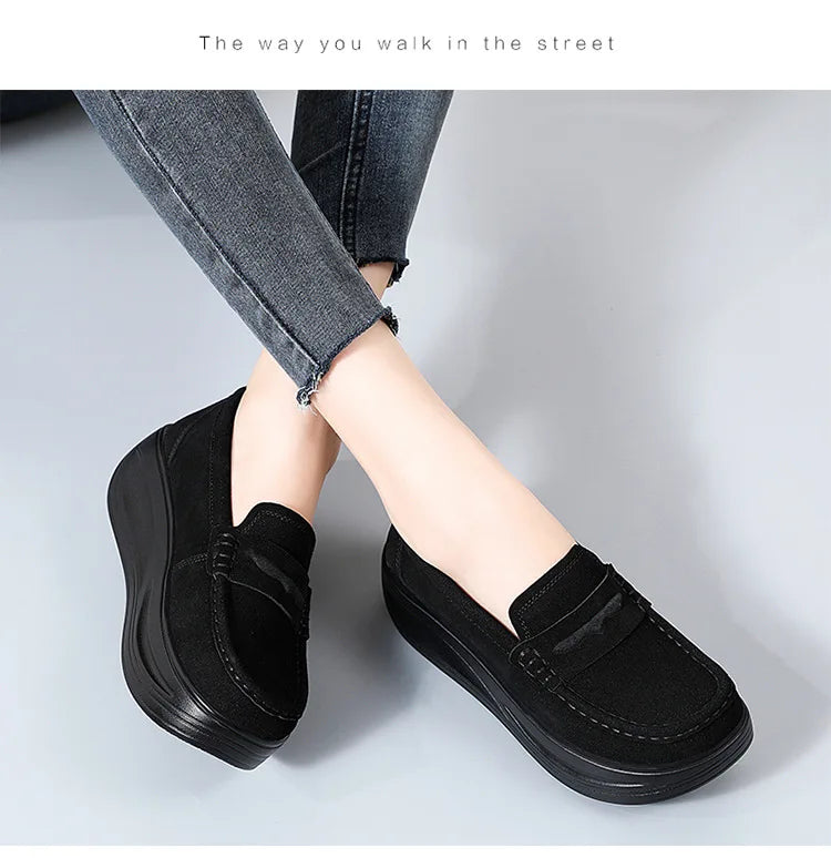 Women's cow suede platform loafers by Jelieora Venture featuring a stylish, comfortable slip-on design with a chunky heel.