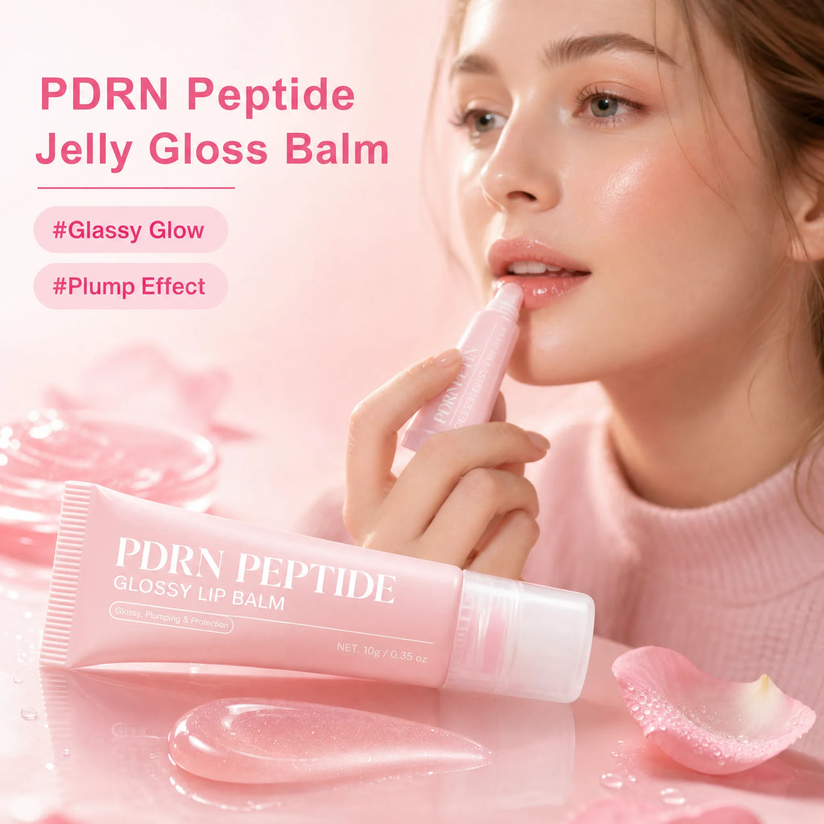 Jelieora Venture PDRN Peptide Jelly Gloss Balm in 10g, moisturizing lip gloss with pink peptide, hyaluronic acid, and ceramide for glossy lips.