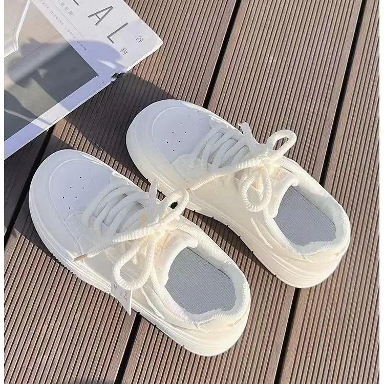 Women's White Leather Flat Casual Shoes | Breathable Lace-Up Vulcanised Sole
