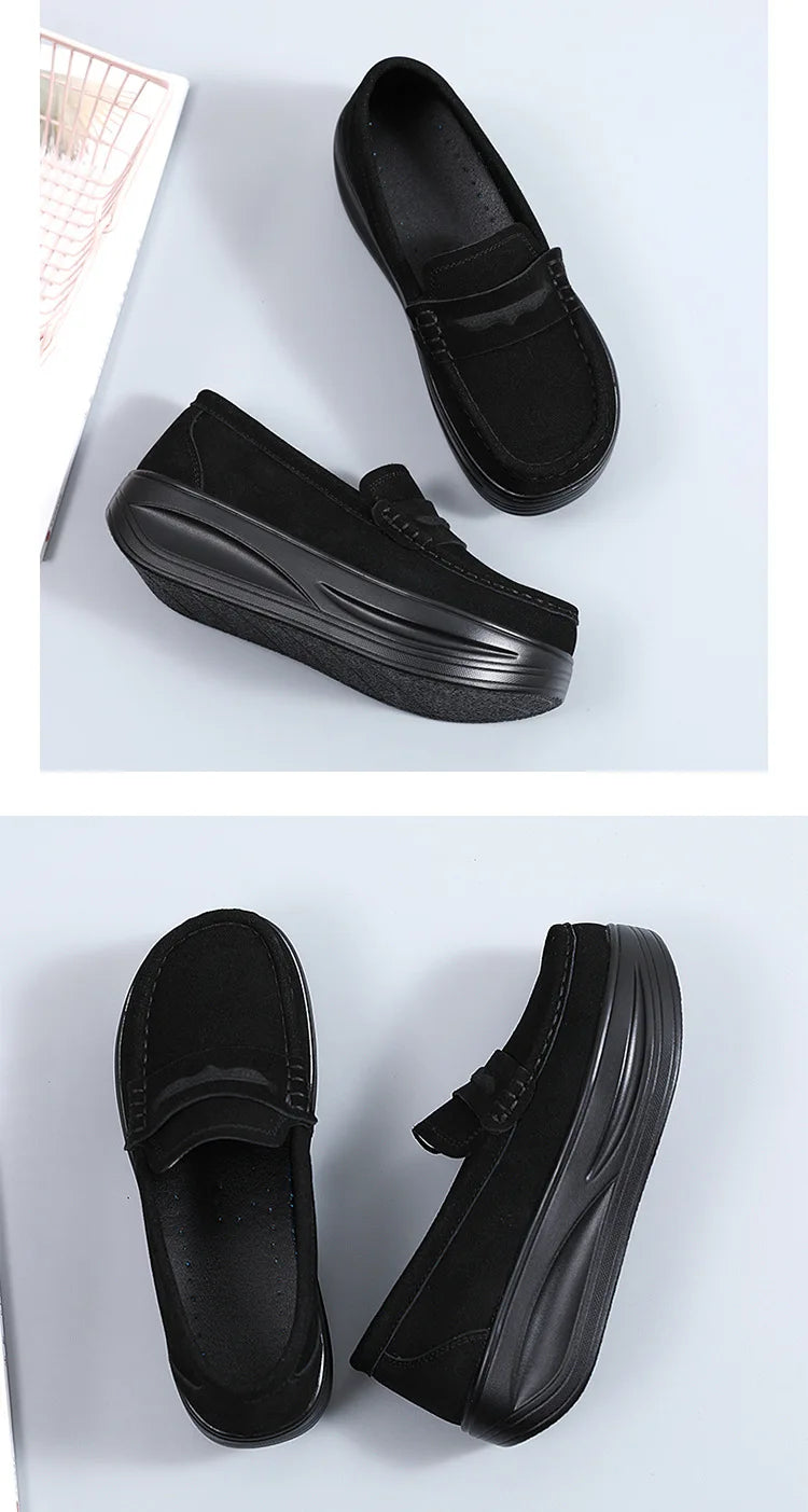 Women's cow suede platform loafers by Jelieora Venture featuring a stylish slip-on design and chunky heel.