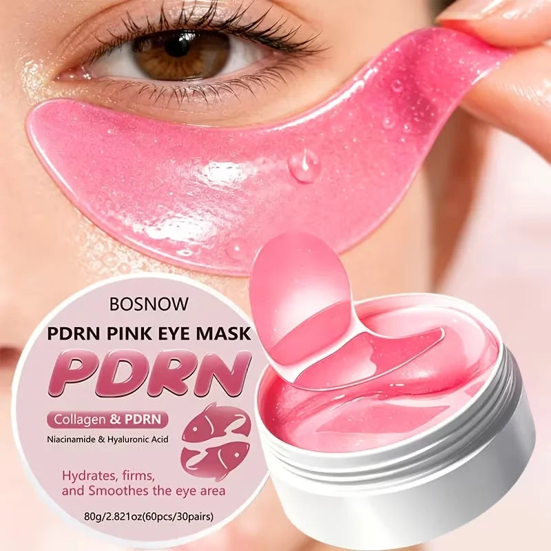 Jelieora Venture pink eye patches, 60-piece set of gel under-eye pads for deep hydration, cooling, and improved skin around the eyes.