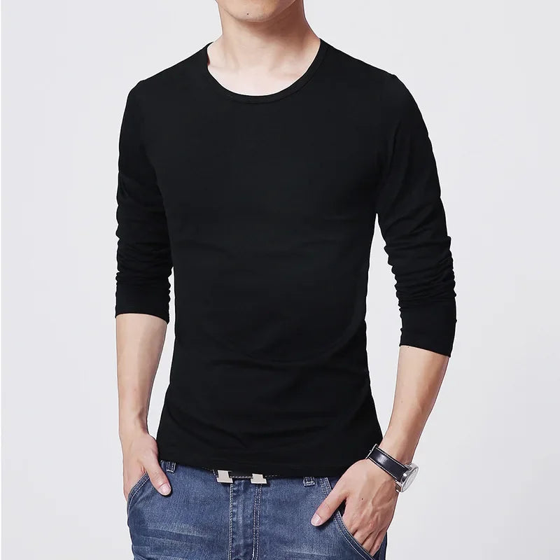 Men's slim fit long sleeve T-shirt by Jelieora Venture, shown in a neutral color with a close-up of the fabric and fit.