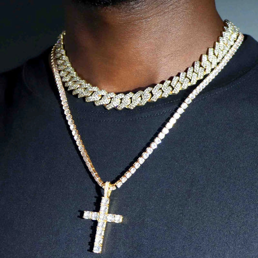 Hip Hop Cuban Link Chain Necklace Set | 2pcs Cross Tennis & Prong Cuban | Men & Women