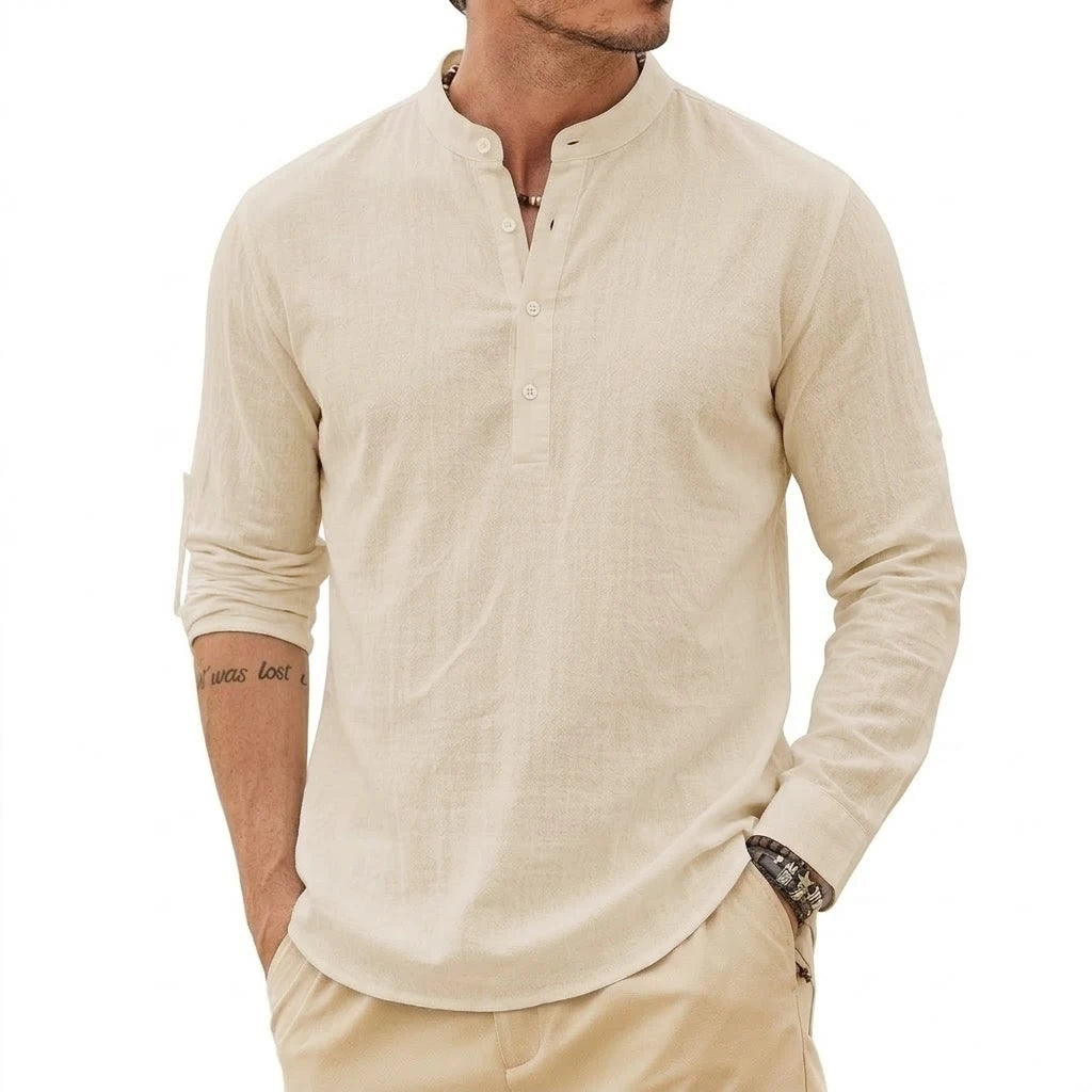 Men's linen Henley shirt by Jelieora Venture, featuring a relaxed fit and natural fabric texture, shown in a neutral color.