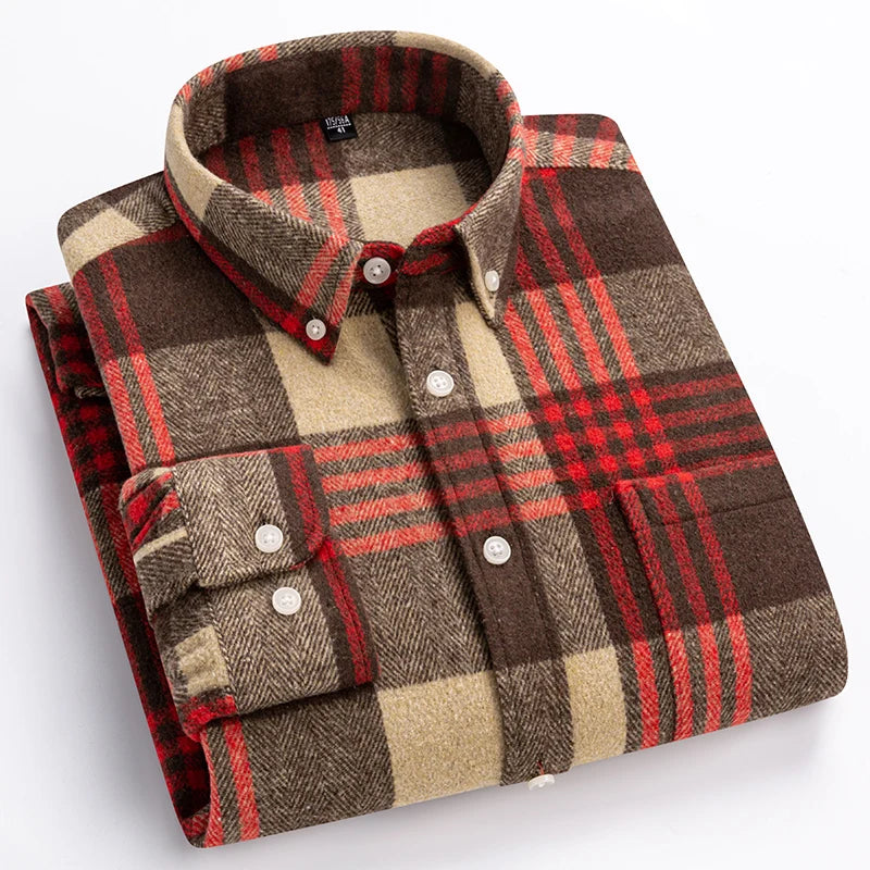 Men's cotton herringbone plaid shirt by Jelieora Venture, featuring a classic pattern, available in sizes up to 7XL.