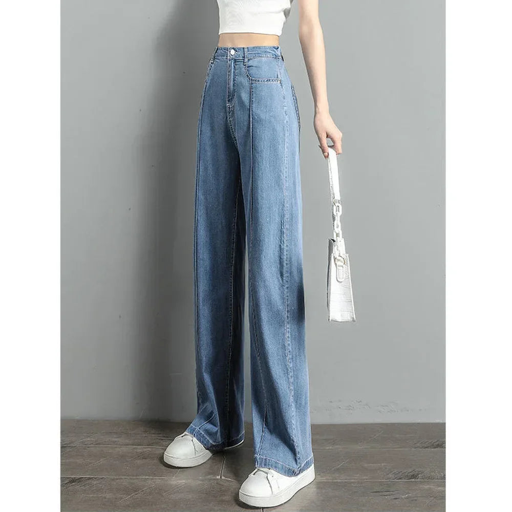 Women's high waist wide-leg jeans by Jelieora Venture, featuring a classic denim look and relaxed fit.