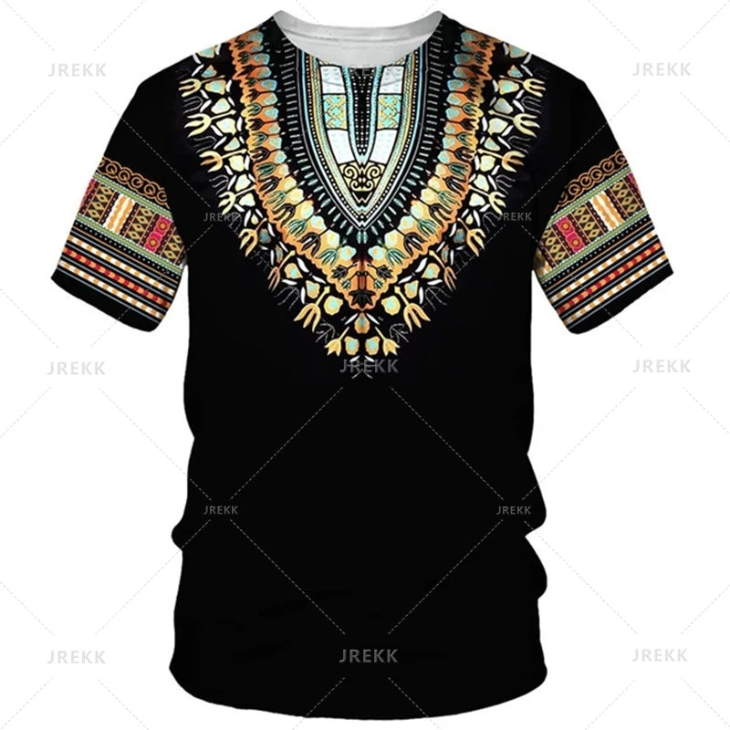 Men's African print T-shirt by Jelieora Venture featuring vibrant traditional patterns and bold colors on a comfortable fit.