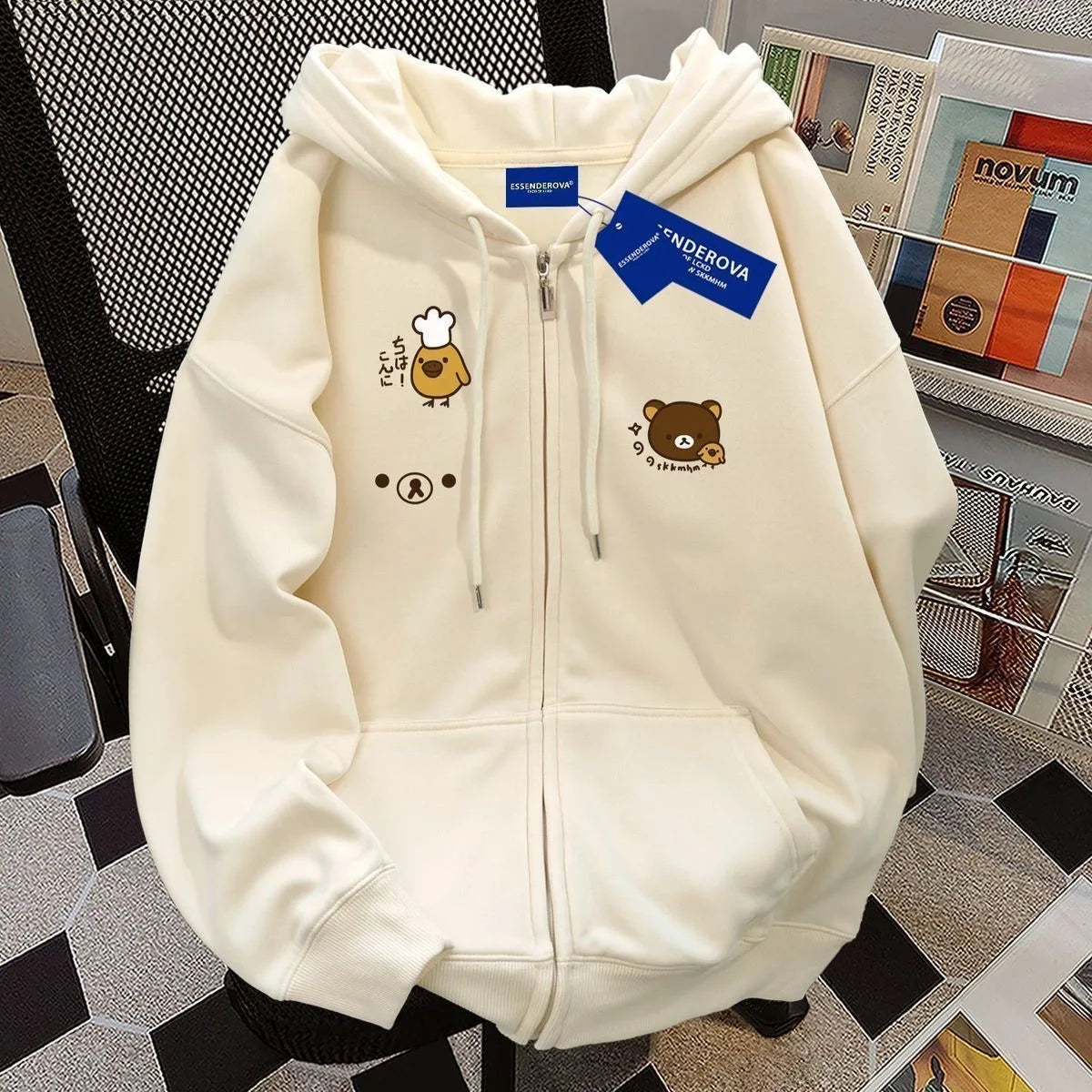Women's dog print zip hoodie by Jelieora Venture featuring a stylish zip-up design and playful dog pattern on soft fabric.