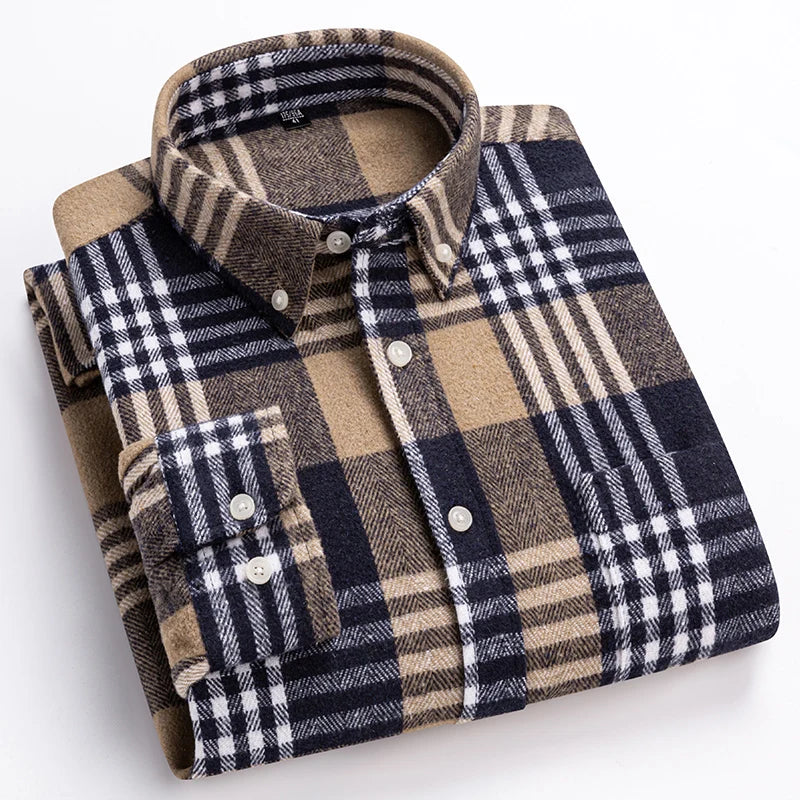 Men's cotton herringbone plaid shirt by Jelieora Venture, showcasing the classic pattern and button-up front in various sizes.