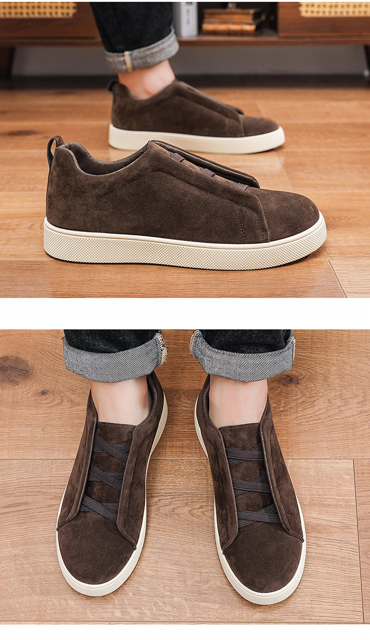 Men's suede leather casual shoes with thick soles by Jelieora Venture, showcasing a stylish footwear design and textured suede material.