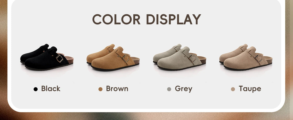 Women's cork sole suede mule clogs with adjustable buckle, stylish Jelieora Venture footwear perfect for casual wear.